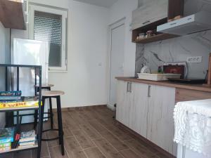 a kitchen with a counter and a table and a refrigerator at Camp Kalinovac in Zatonje