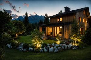a wooden house with rocks in front of it at Chata Bergen in Vysoké Tatry