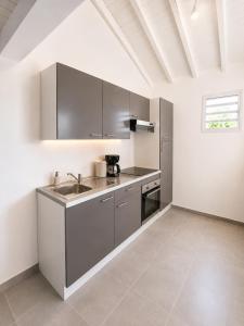 a kitchen with stainless steel cabinets and a sink at Les Cocons des Alizés in Sainte-Anne