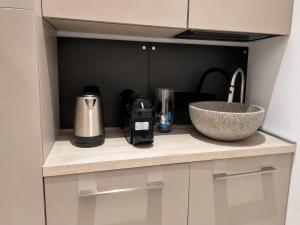 a kitchen with a counter with a sink and a bowl at Monolocale Incantevole in Montichiari