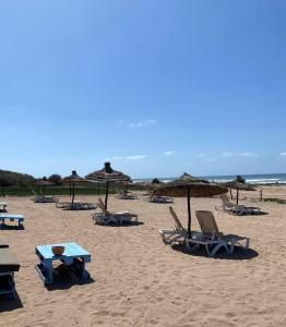 a group of chairs and umbrellas on a beach at Appartement pieds dans l’eau Tamaris in Casablanca