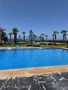 a blue swimming pool with palm trees in the background at Appartement pieds dans l’eau Tamaris in Casablanca +9 photos