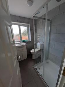 a bathroom with a shower and a toilet and a sink at 6 bedroom house Trochetia in Crawley