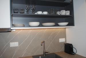 a kitchen with a sink and a shelf with dishes at Busho Residence 1 in Naousa