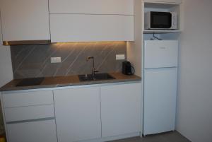 a kitchen with white cabinets and a sink and a microwave at Busho Residence 1 in Naousa