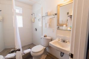 a white bathroom with a toilet and a sink at Tillicum Beach Motel - Formerly Deane's Oceanfront Lodge in Yachats +82 photos