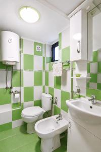 a green and white bathroom with a toilet and sink at Villa Bellevue Amazing Sea View 7 Guests in Krašići +19 photos