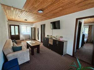 a living room with a couch and a tv at Serbeca in Broşteni