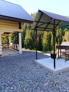 a pavilion with a picnic table and an umbrella at Тихий світанок in Synevyrsʼka Polyana