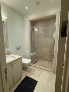 a bathroom with a shower and a toilet and a sink at Porto Marina Residence in Tivat +7 photos