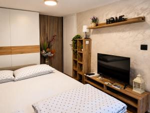 a bedroom with a bed and a flat screen tv at Romantic Mirka Apartment in Sremski Karlovci in Sremski Karlovci +30 photos