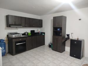 a kitchen with wooden cabinets and a stove and refrigerator at DESTINY Apto Parque in San Rafael
