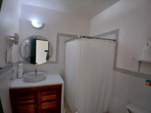 a bathroom with a sink and a shower curtain at Hotel Casa Amelia in Flores +116 photos