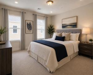 a large bedroom with a large bed and windows at Collin Creek Executive Residence in Plano +5 photos