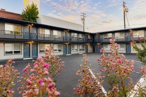 a building with pink flowers in front of it at Thunderbird Lodge in Redding