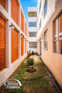 an empty alley between two buildings with grass between them at Casona Blanca in Arequipa