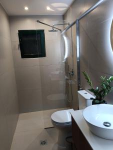 a bathroom with a shower and a toilet and a sink at Alonnisos - Sea View Studio Appartment in Alonnisos +30 photos