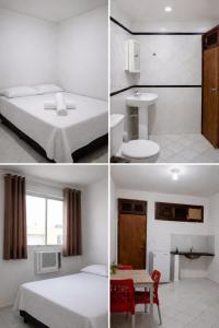 three images of a bedroom with a bed and a sink at Pousada Quixadá Central in Quixadá