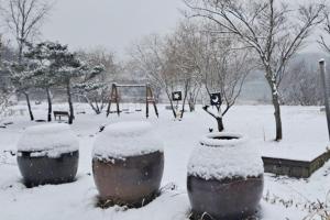 a park covered in snow with a playground at Seocheon Water Willow Pension in Seocheon