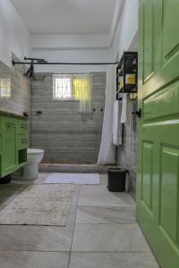 a bathroom with a shower and a green door at Green Valley Luxe Apartments in Kingstown +41 photos