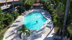 an overhead view of a swimming pool with chaises and palm trees at Hotel Bali-Hai Acapulco in Acapulco +18 photos
