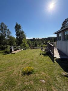 a large yard with a bench and a house at Kolmårdsgården B&B in Kolmården