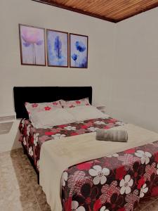 a bedroom with a bed with a colorful blanket and paintings at Refúgio Boa Vista in Venda Nova do Imigrante