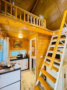 a cabin with a loft bed in a kitchen with a ladder at ปางสูงเฮาส์ pangsunghouse in Ban Pang Bo Hu Bon