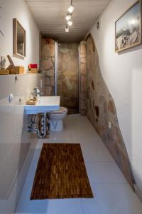 een badkamer met een douche, een toilet en een wastafel bij Ferienwohnung Rath in Keulen