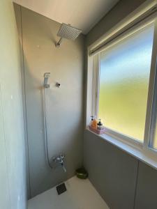 a bathroom with a shower and a window at スパイス平戸 in Hirado