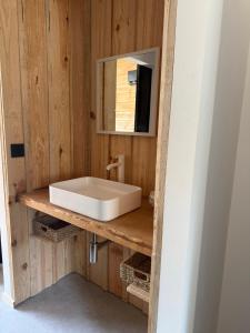 a bathroom with a white sink on a wooden wall at La Villa Véga 8 pers in Martillac