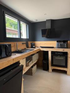 a kitchen with a counter with a sink and a stove at La Villa Véga 8 pers in Martillac