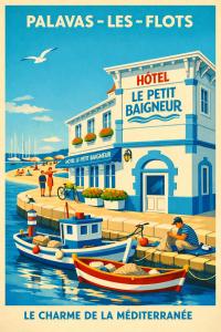 a poster of a hotel with boats in the water at Hôtel Le Petit Baigneur in Palavas-les-Flots