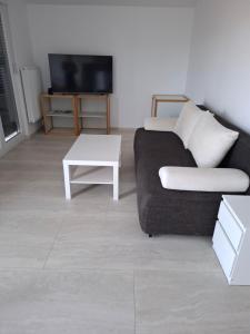 a living room with a couch and a table at Apartmani Pavic in Kustići