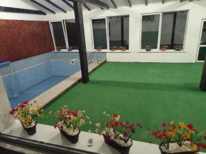 a rendering of a patio with green grass and flowers at Pensiunea Casa Nina in Cârțișoara