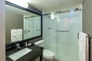 a bathroom with a glass shower with a toilet and a sink at Comfort Inn in Edmundston +35 photos