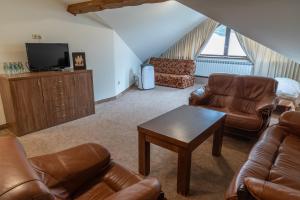 a living room with leather furniture and a tv at Natura Park in Baligród