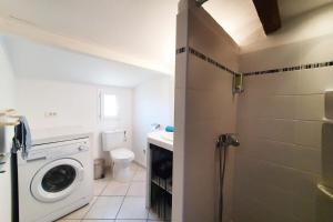 a bathroom with a washing machine and a toilet at CASA FOCI - maison T3 in Zonza