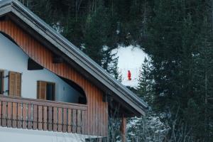 a red fire hydrant sitting on top of a house at Appartamento Sas Ciapel con biosaun in Arabba
