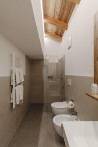 a bathroom with a toilet and a shower and a sink at Appartamento Sas Ciapel con biosaun in Arabba +20 photos