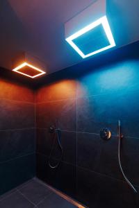 a bathroom with a shower with a light at Appartamento Borésc - area wellness in Arabba +18 photos