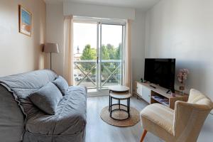 a living room with a couch and a television at Appartement Les Jardins in Saint-Vincent-de-Tyrosse