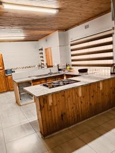 a large kitchen with wooden cabinets and a counter top at Hendrinas Guesthouse in Hendrina