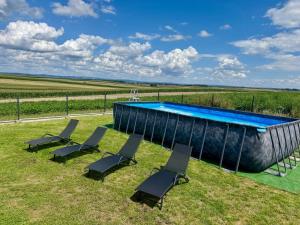 a group of chairs and a swimming pool in a field at Apartamenty Piotrowice in Piotrowice