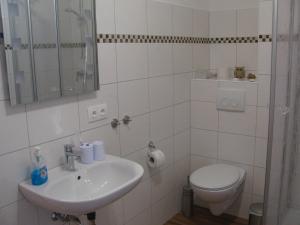 a white bathroom with a sink and a toilet at Reiterhof & Pension Lienemann in Grünbach +43 photos