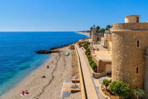 a view of a beach next to the ocean at Kampaoh Roquetas in Roquetas de Mar