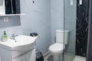 a bathroom with a toilet and a sink and a shower at Motel Nova in Strumica