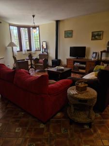 a living room with a red couch and a tv at LA CANTERICA in Fuentes de Rubielos