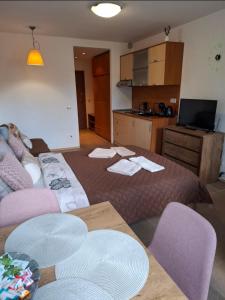 a room with a couch and a table with chairs at Cozy studio 125 in Villa Park in Borovets
