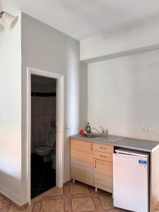 a kitchen with a sink and a toilet at Margarita Guesthouse in Himare +56 photos